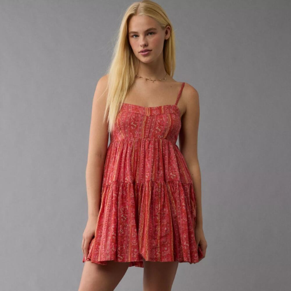 AE American Eagle Tiered Floral Boho Paisley Babydoll Mini Dress Pink Pockets XL